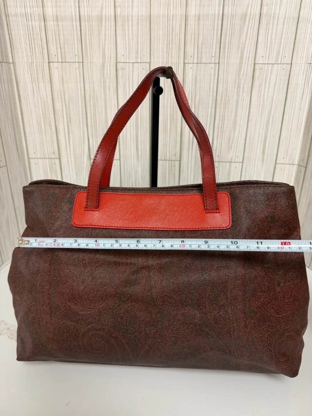 Etro Paisley Print Leather Tote Bag Red Orange Trim Shoulder Bag